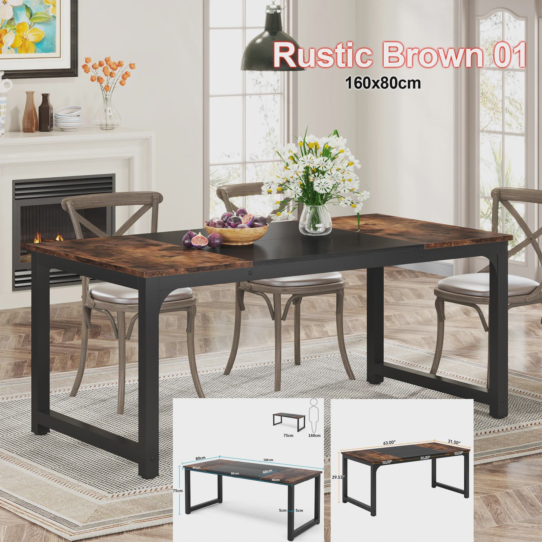 Industriële Eettafel 6-8 Personen - 160x80 cm - Rustiek Hout & Metaal