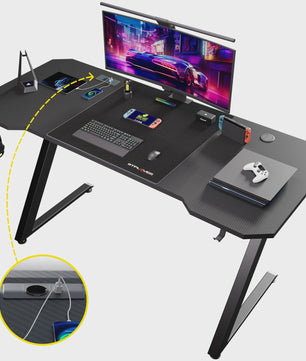GTPLAYER Gaming Bureau 120x60cm met LED Verlichting, Ingebouwde Socket en USB-poorten