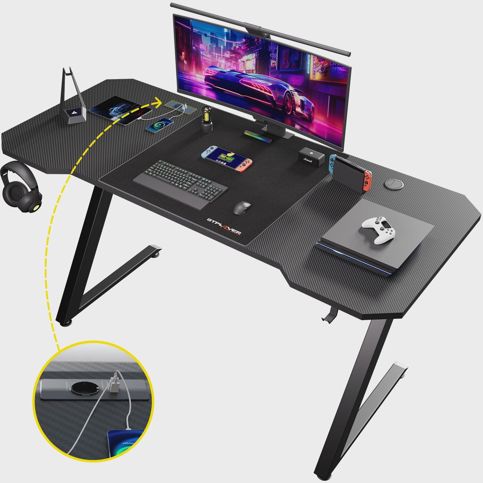 GTPLAYER Gaming Bureau 120x60cm met LED Verlichting, Ingebouwde Socket en USB-poorten