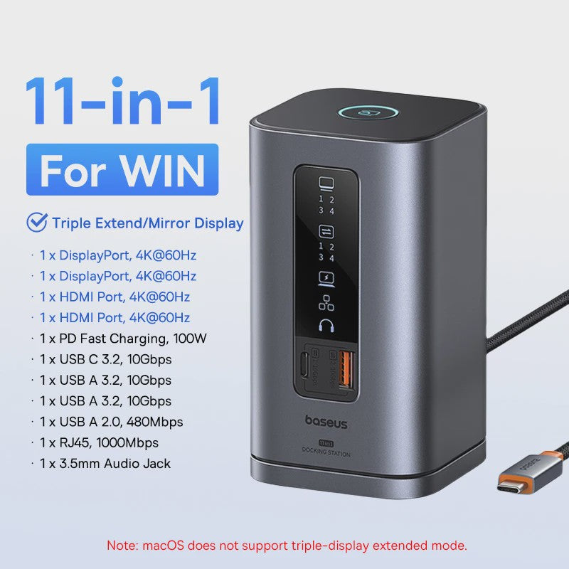Baseus 15-in-1 USB-C Docking Station: 160W PD, 4K@120Hz HDMI, 25W Draadloze Charger & 180W GaN Adapter