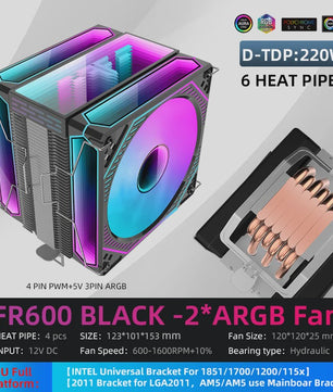 Metalfish Frozen Tower CPU Air Cooler met 4/6 Heatpipes en ARGB PWM Ventilator