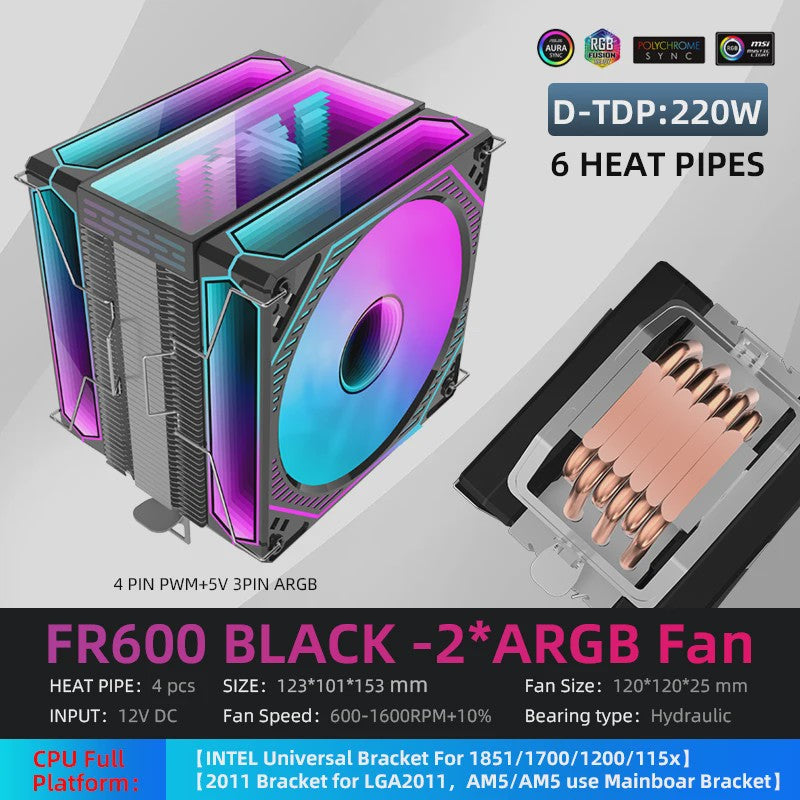 Metalfish Frozen Tower CPU Air Cooler met 4/6 Heatpipes en ARGB PWM Ventilator