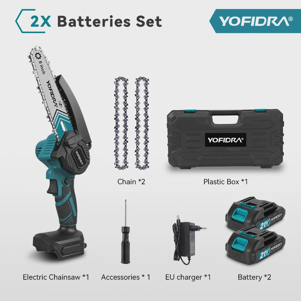 YOFIDRA 6-Inch Snoerloze Elektrische Kettingzaag - Krachtig Snoeien & Houtkloven (21V Batterij)