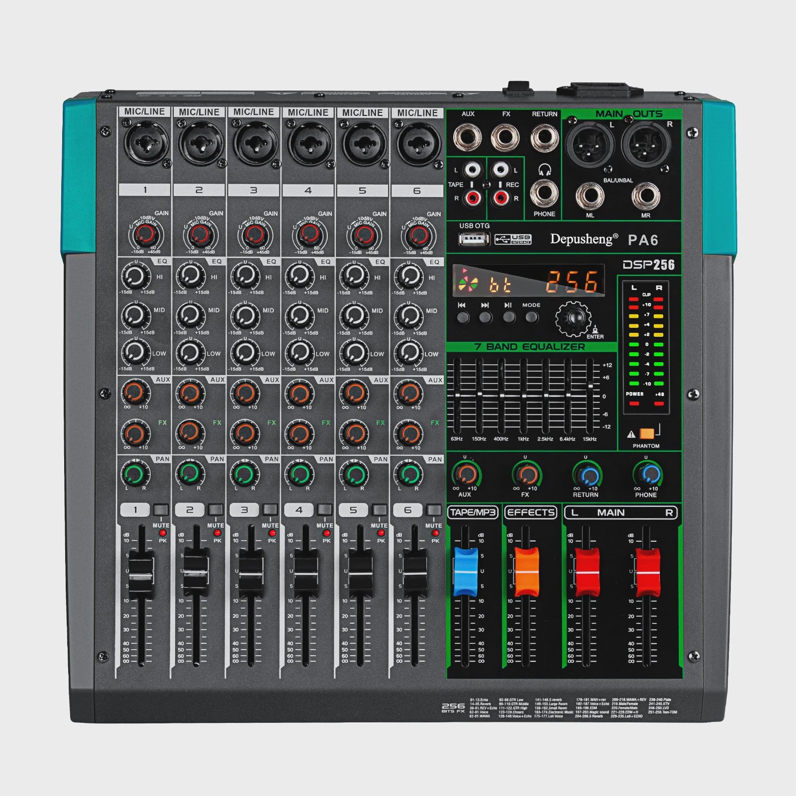 Depusheng PA Serie Audio Mixer Console: 6-16 Kanalen, USB, 48V Phantom Power & 256 DSP Effecten