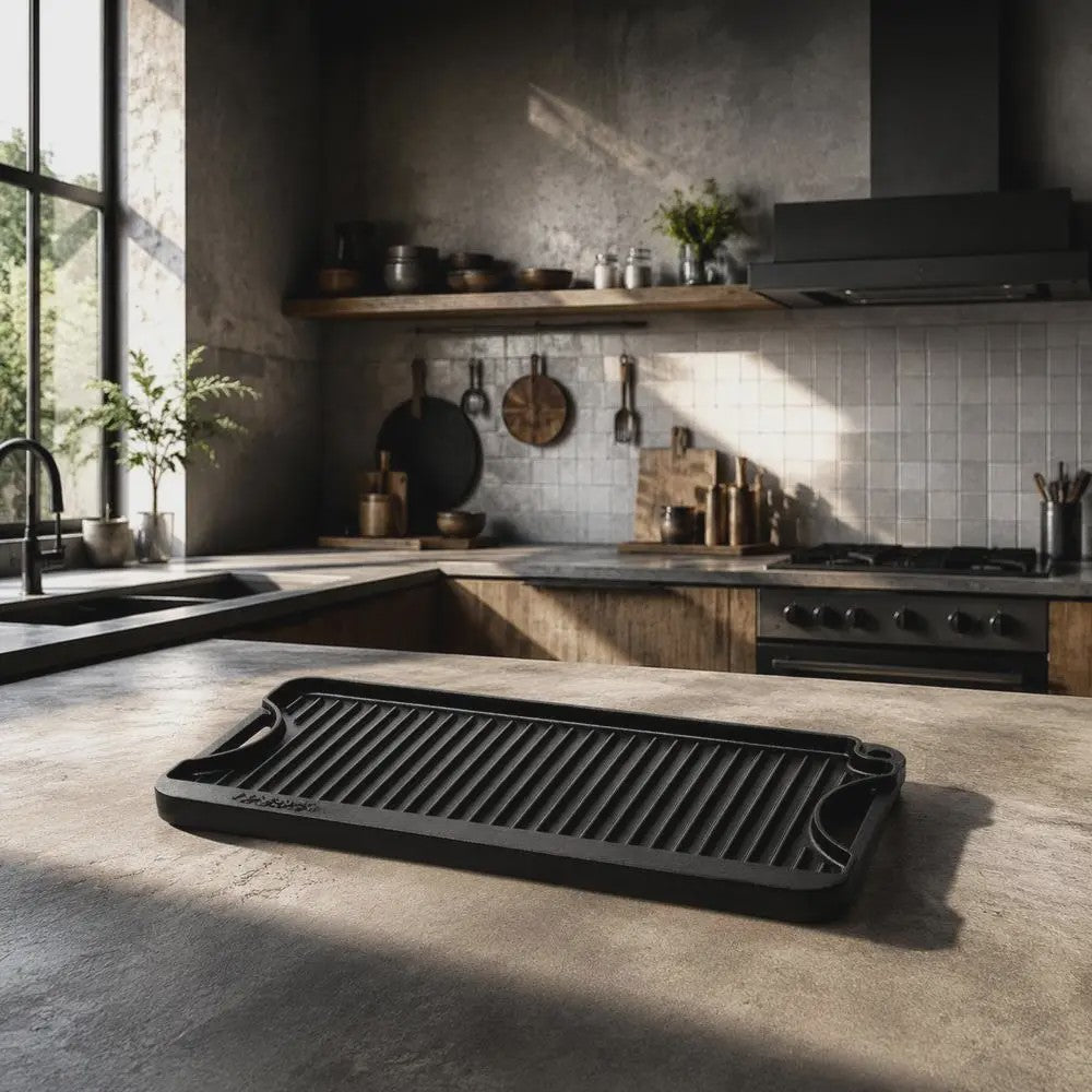 Omkeerbare Gietijzeren Grillplaat/Bakplaat 492x218mm - Draagbaar, Rechthoekig, Voor Binnen & Buiten Koken
