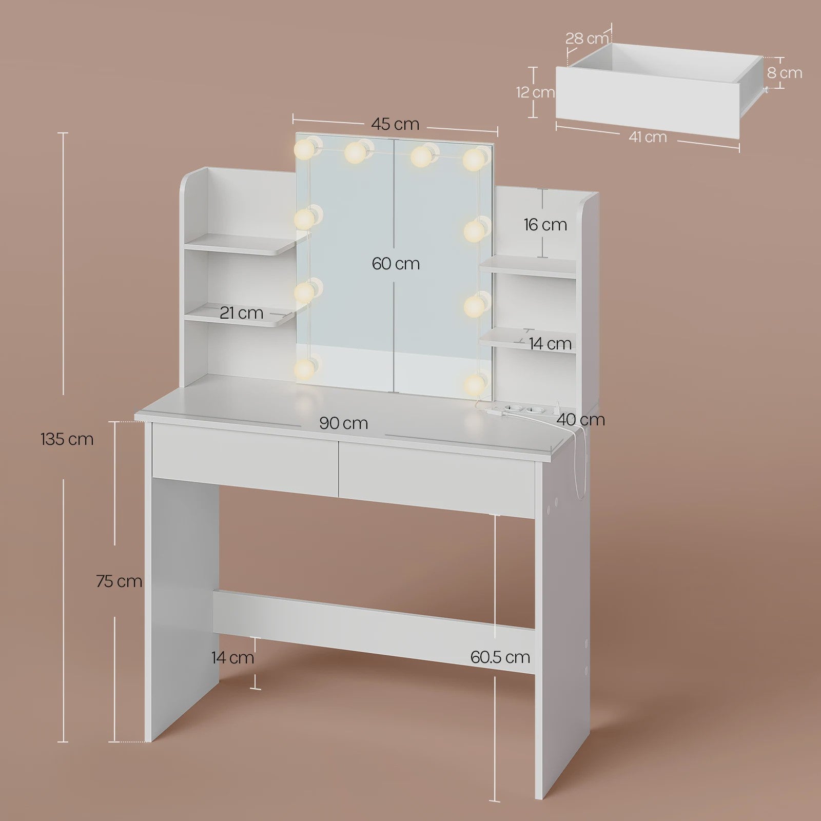 WOLTU Kaptafel met LED Verlichting, Make-up Tafel met Spiegel en Opbergvakken
