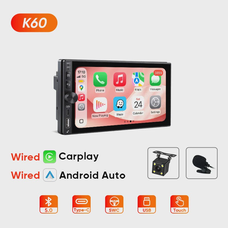 AINAVI K60 7-Inch Universele Autoradio met Draadloze CarPlay & Android Auto, Bluetooth, USB-C