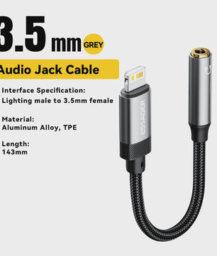 Essager Type-C & Lightning naar 3.5mm Jack AUX Audio Kabel Adapter voor iPhone 15/14/13, Samsung, MacBook