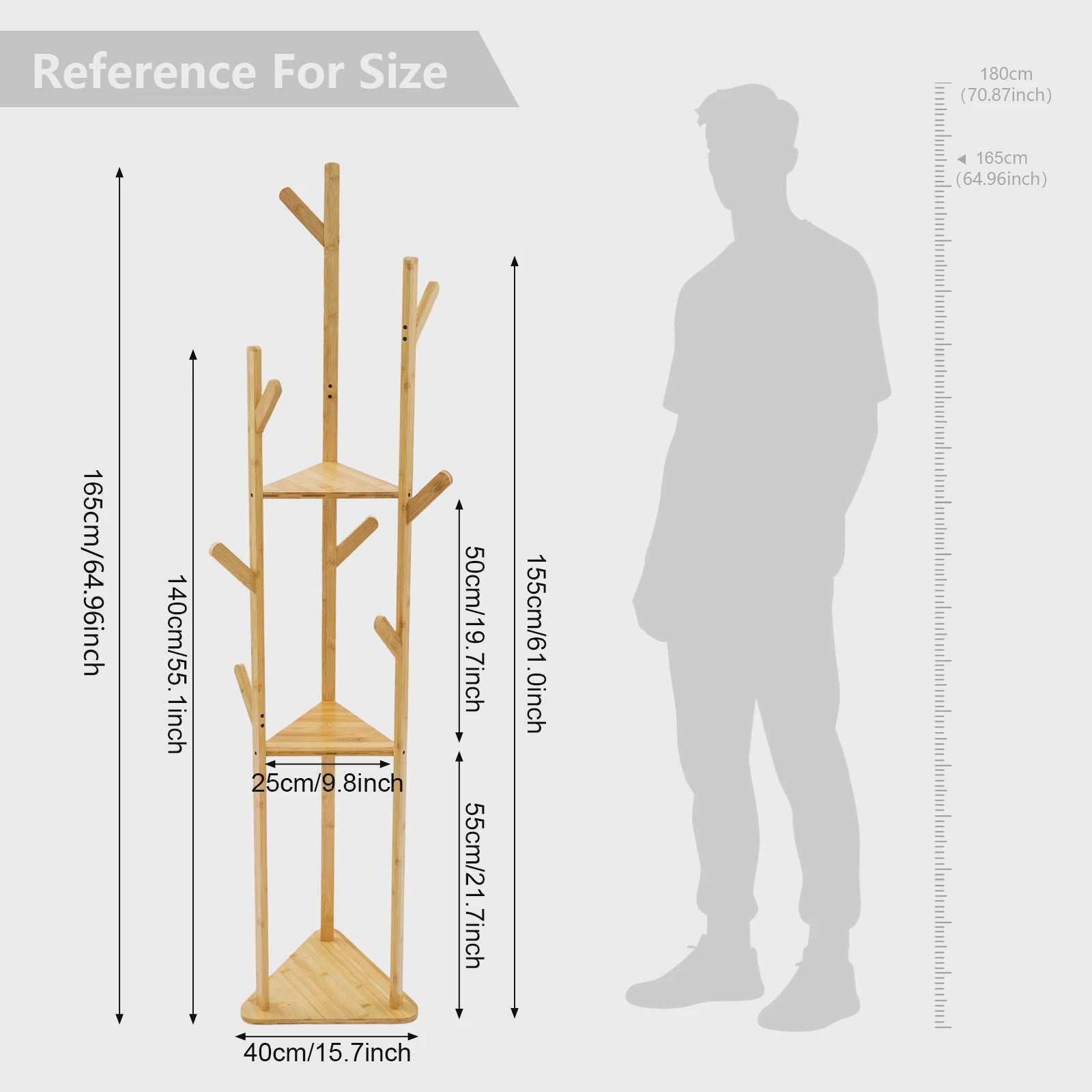 Stabiele Bamboe Kapstok met 9 Haken en 3 Opbergplanken - 165cm Hoog