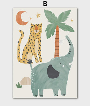 Boho Jungle Safari Dieren Canvas Muurdecoratie - Leeuw, Olifant, Luipaard & Regenboog Posters voor Kinderkamer