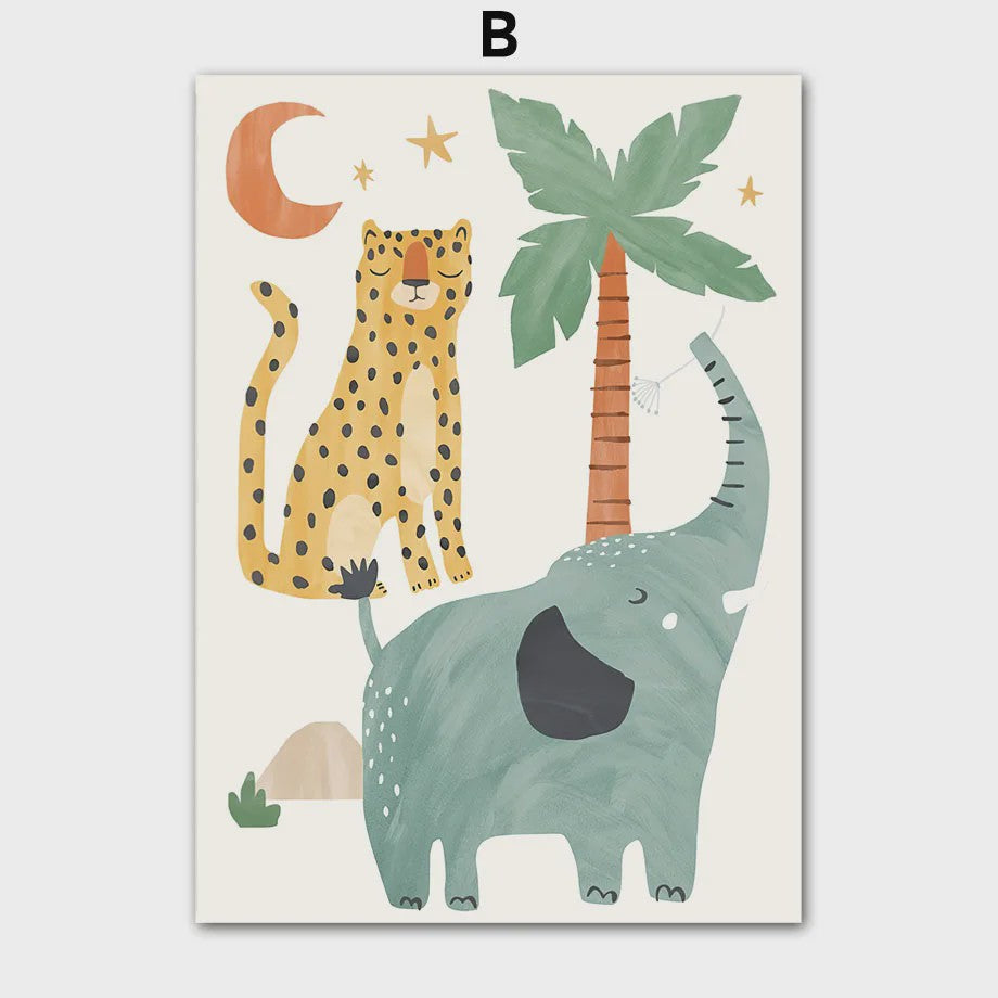 Boho Jungle Safari Dieren Canvas Muurdecoratie - Leeuw, Olifant, Luipaard & Regenboog Posters voor Kinderkamer