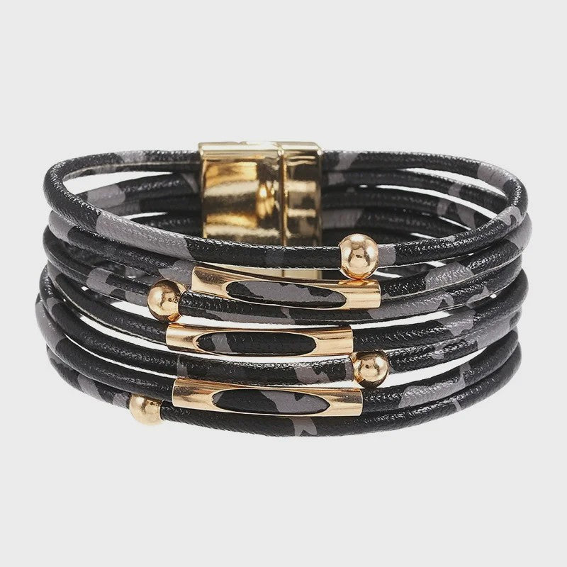 Luxe Leren Armband met Luipaardprint en Goudkleurige Accenten - Multi-Layer