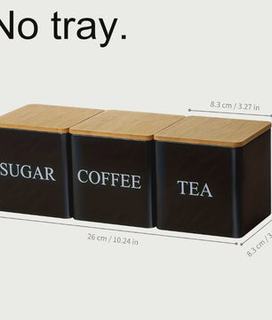 Set van 3 Keuken Potten met Bamboe Deksel - Voor Koffie, Thee & Suiker - Zwart/Wit - 500ml
