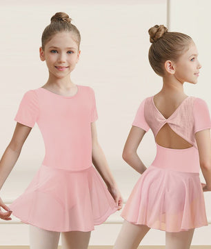 Girls Short Sleeve Ballet Leotard Girls Mesh Dance Leotard with Skirt  Kids Back Bow Knot Dancewear