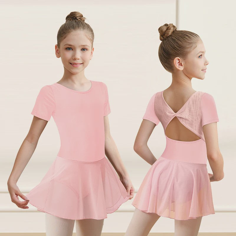 Girls Short Sleeve Ballet Leotard Girls Mesh Dance Leotard with Skirt  Kids Back Bow Knot Dancewear