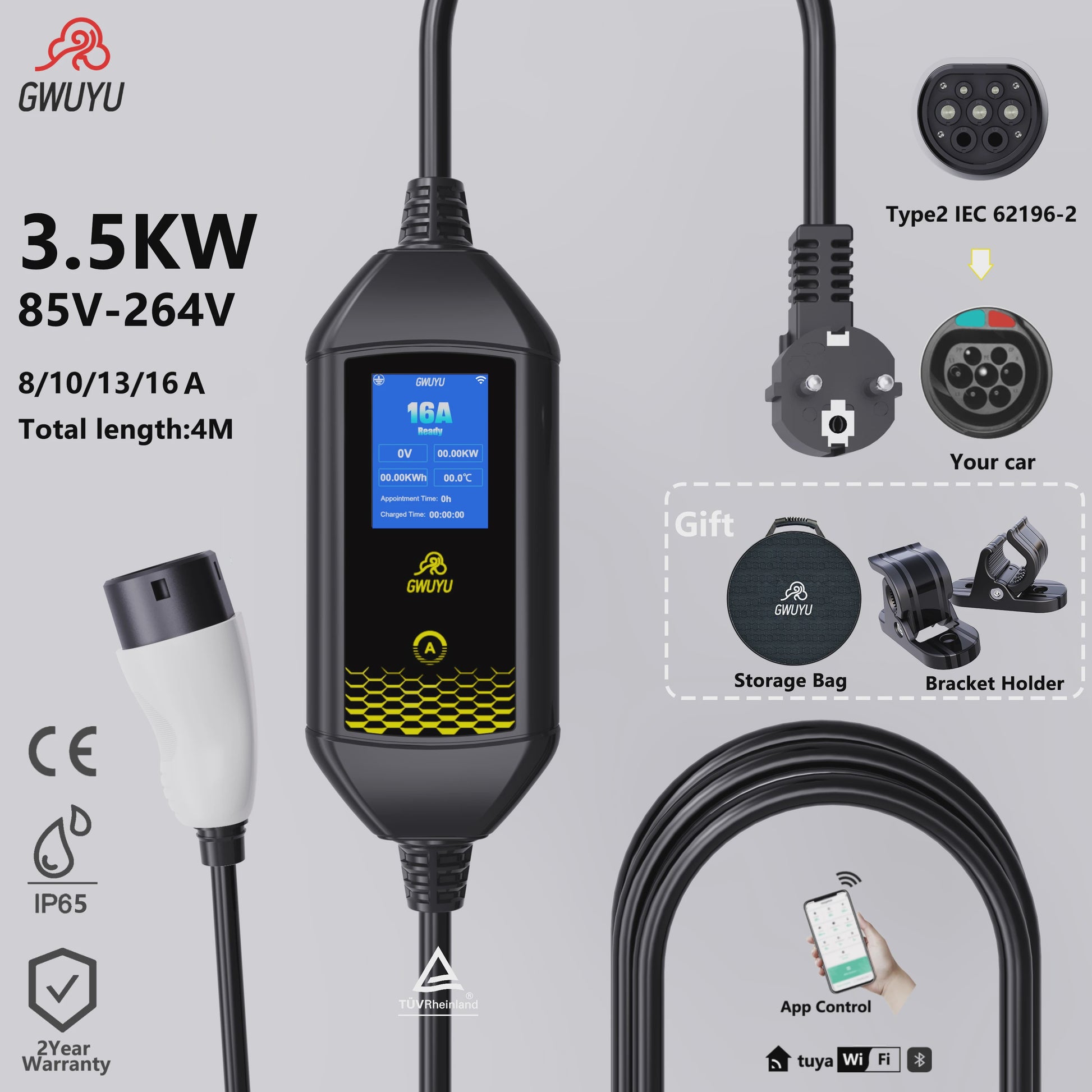 Draagbare EV Charger GWUYU 3.5kW - Type 1, 2, GBT - APP Bediening