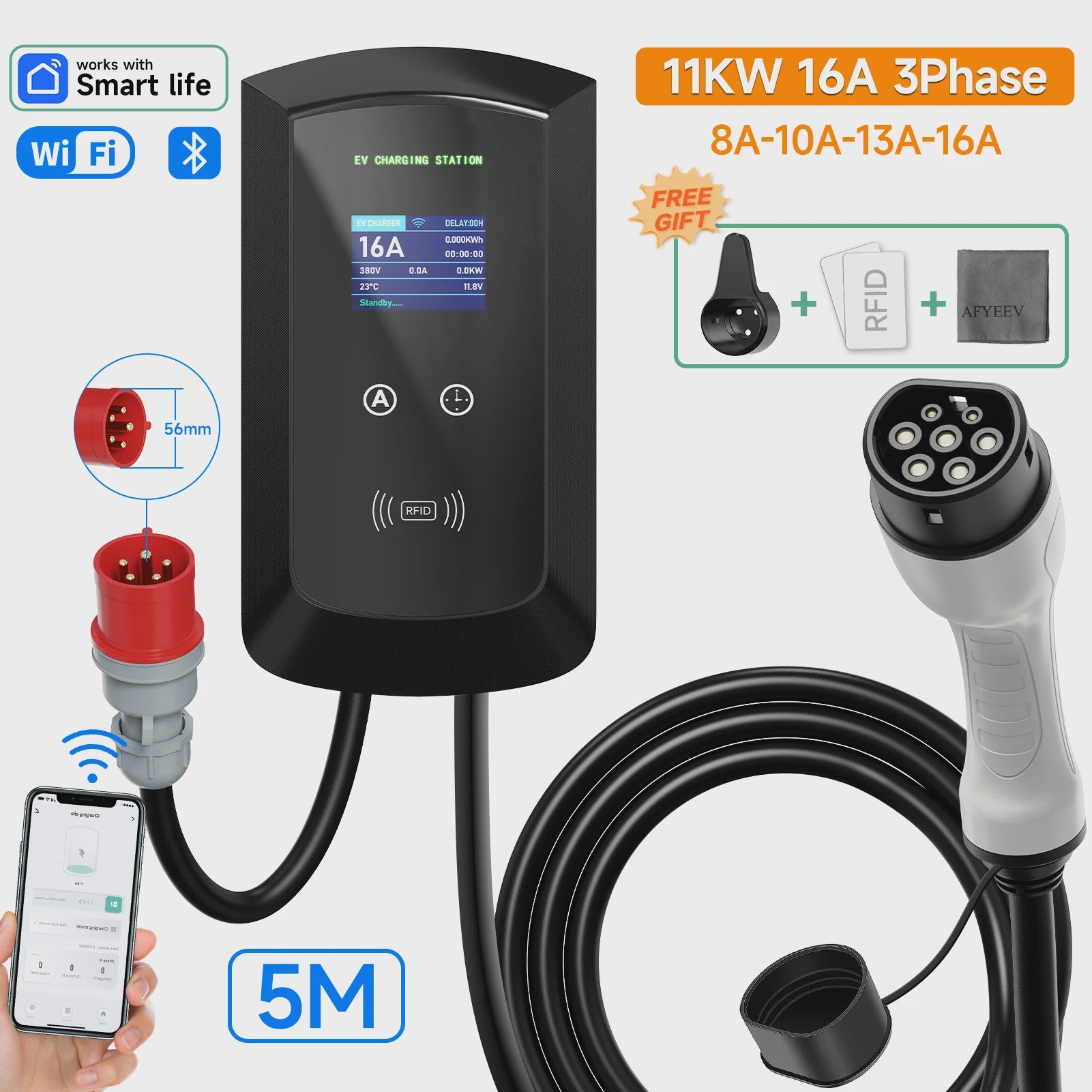 AFEEV 7.6/11/22kW 3-Fase EV Laadstation met Type 2 stekker, WiFi & App Controle
