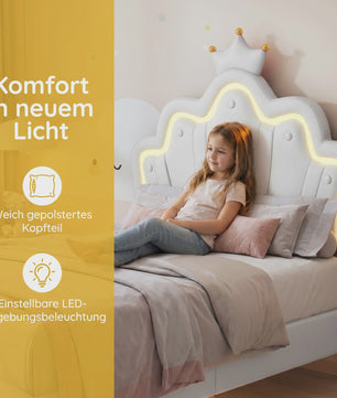 Prinsessen Hemelbed Wit 90x200cm met LED Verlichting & Kroon - Meisjesbed