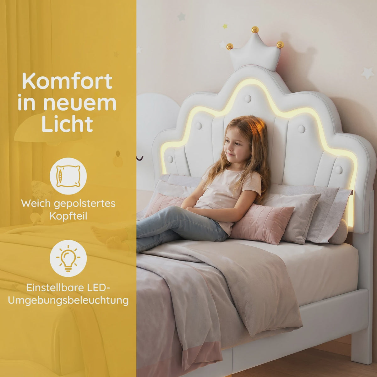 Prinsessen Hemelbed Wit 90x200cm met LED Verlichting & Kroon - Meisjesbed