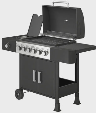 RVS Gas BBQ Grill Cart met 6+1 Branders, Zijbrander, Wielen & Thermometer