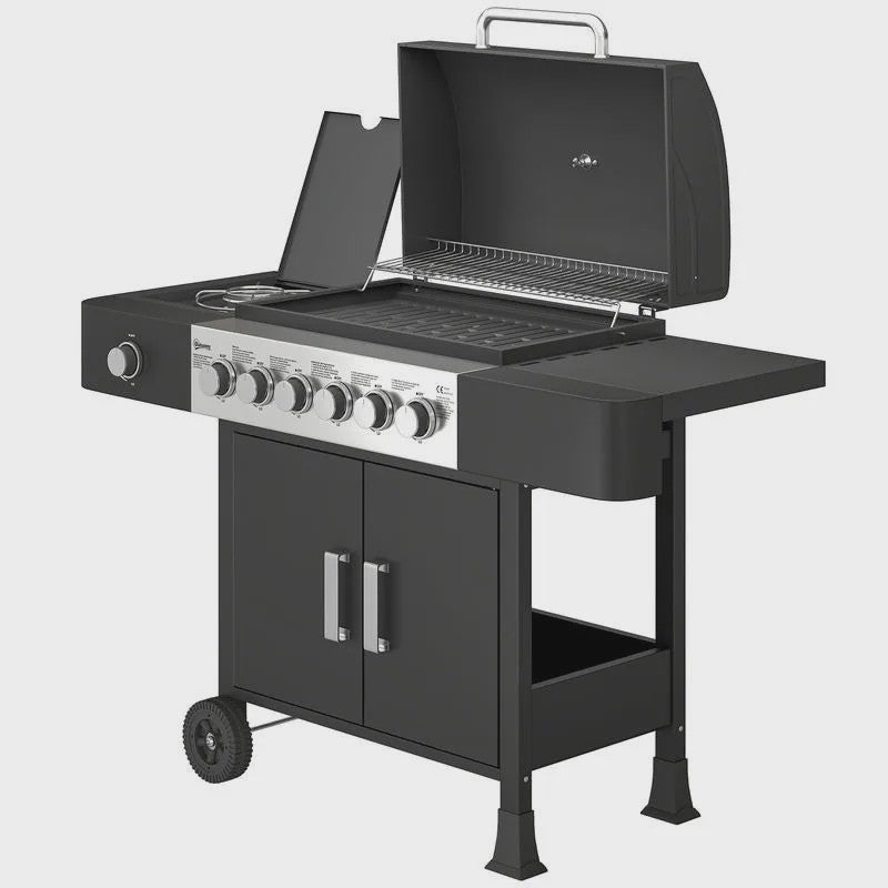RVS Gas BBQ Grill Cart met 6+1 Branders, Zijbrander, Wielen & Thermometer