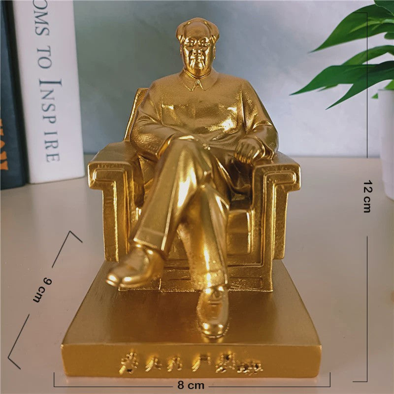 Mao Zedong Zittend Beeld - Antiek Brons & Goudkleurig - President Mao Sculptuur