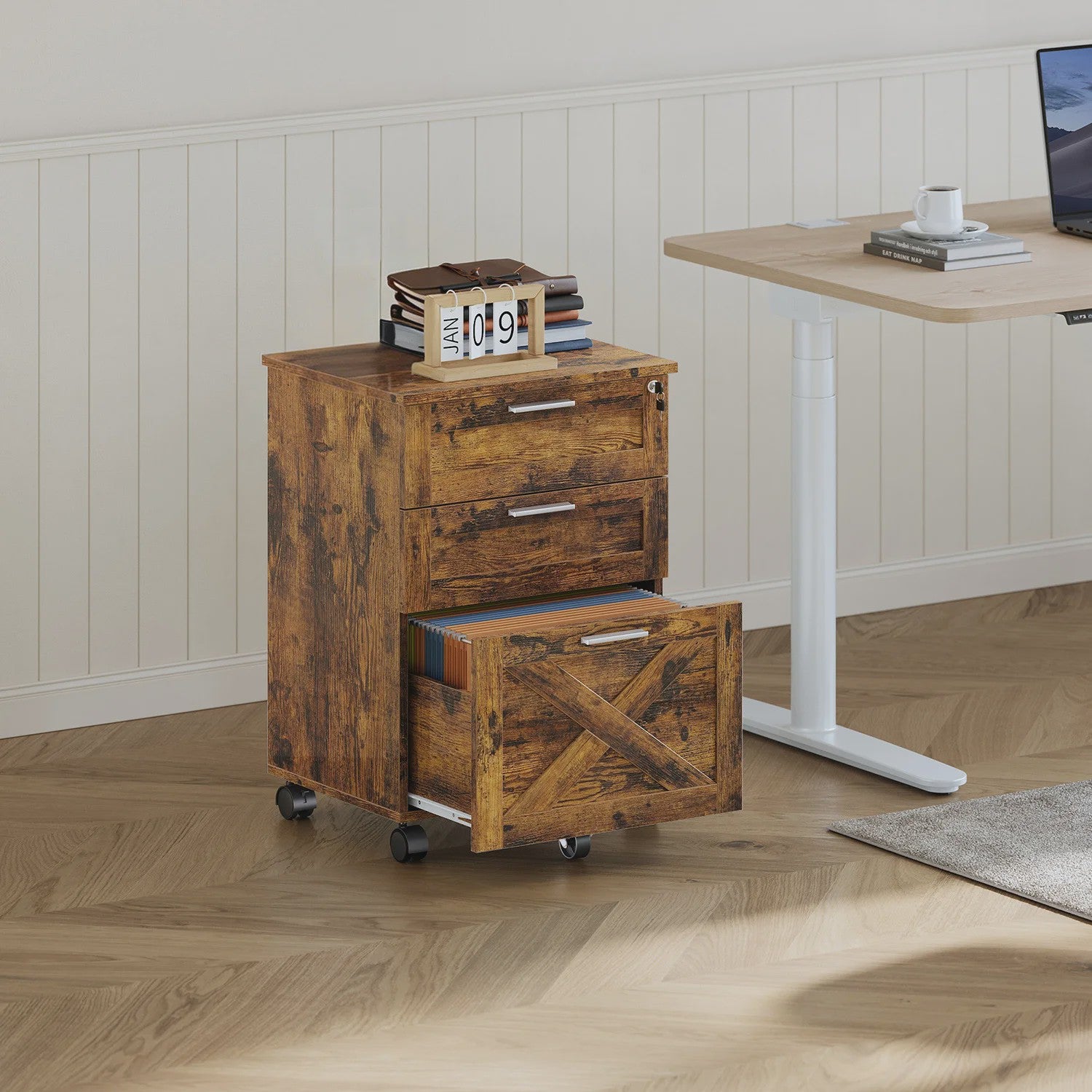 Mobiel Houten Archiefkastje met 3 Lades en Slot - Onder Bureau Ladeblok op Wielen