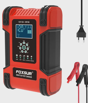 Foxsur Slimme Automatische Acculader 12V/24V met Digitaal Display en Reparatie Modus