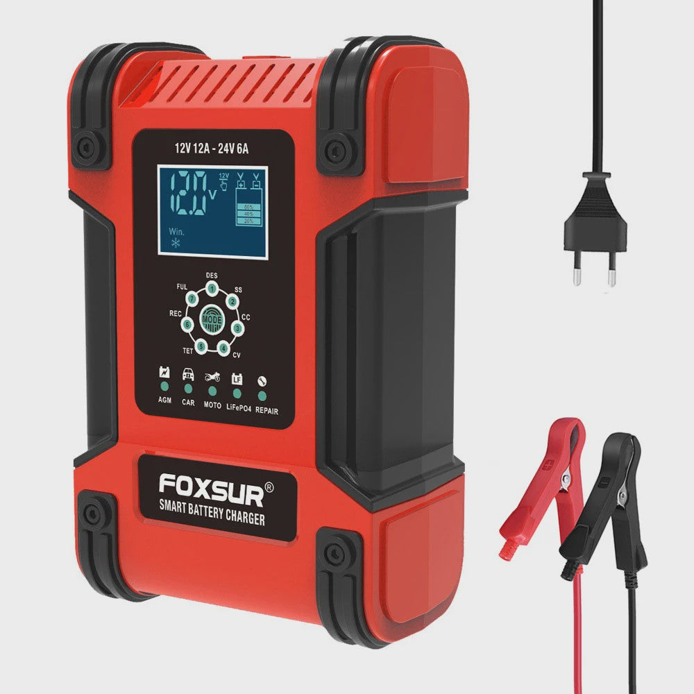 Foxsur Slimme Automatische Acculader 12V/24V met Digitaal Display en Reparatie Modus