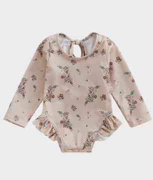 Zomerse Baby Meisjes Zwempak met Bloemenprint, Lange Mouwen en Ruches