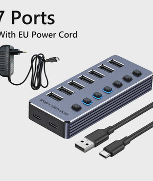 10-Poorts USB 3.0 Hub met 5Gbps Snelheid, Individuele Schakelaars en Krachtige Adapter