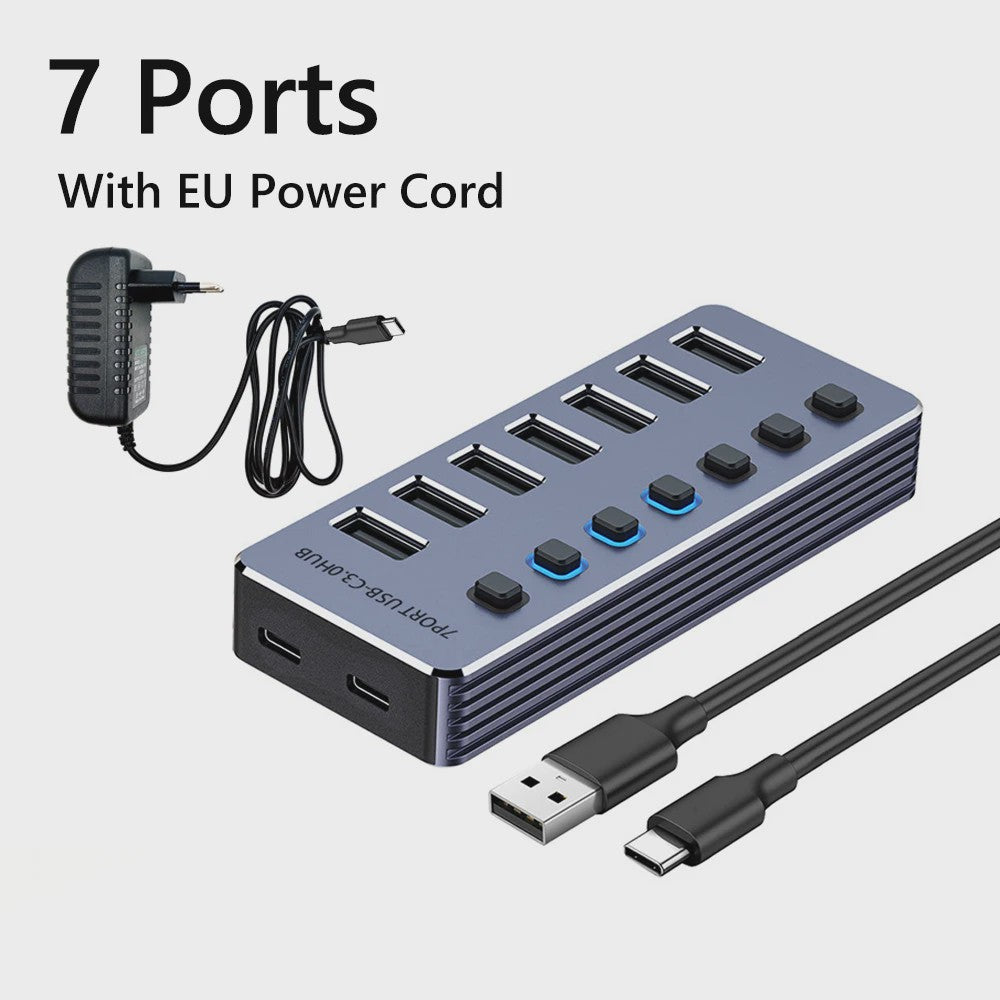 10-Poorts USB 3.0 Hub met 5Gbps Snelheid, Individuele Schakelaars en Krachtige Adapter
