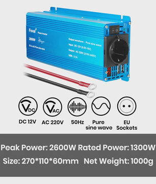 Pure Sine Wave Omvormer 12V DC naar 230V AC - 1500W tot 3000W met EU Stopcontact & USB