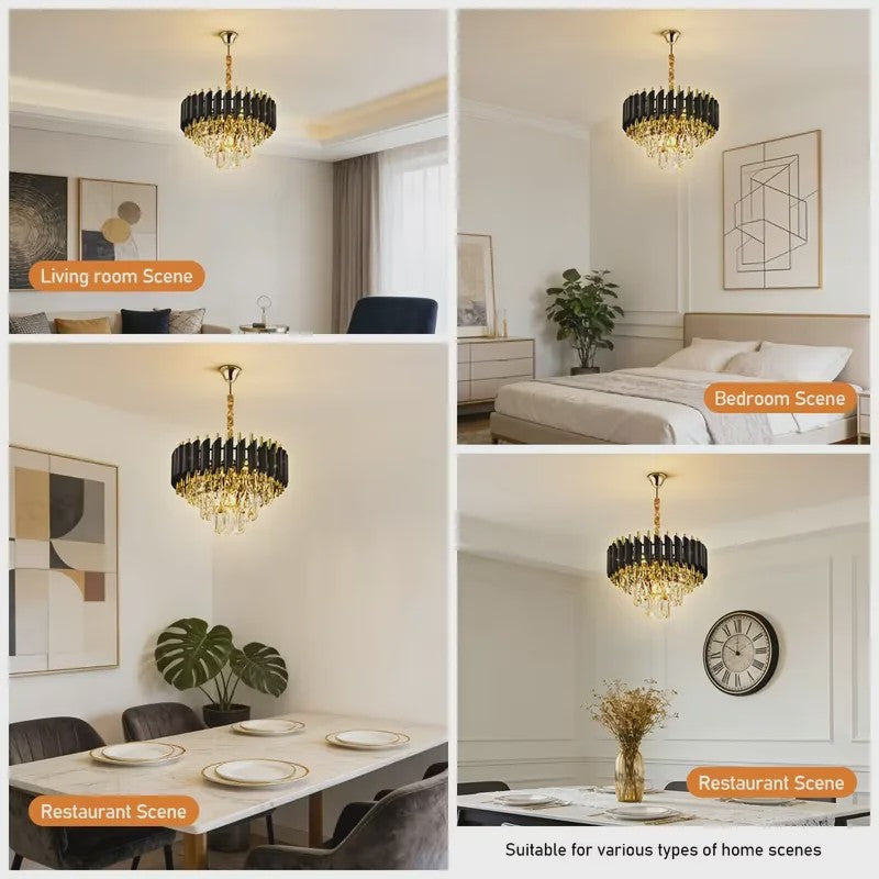 Moderne Zwarte Kristallen Kroonluchter Rond 5-Tier Ø60cm Dimbare Hanglamp