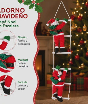100cm Kerstman aan Ladder - Hangend Kerstdecoratie Ornament met Cadeauzak