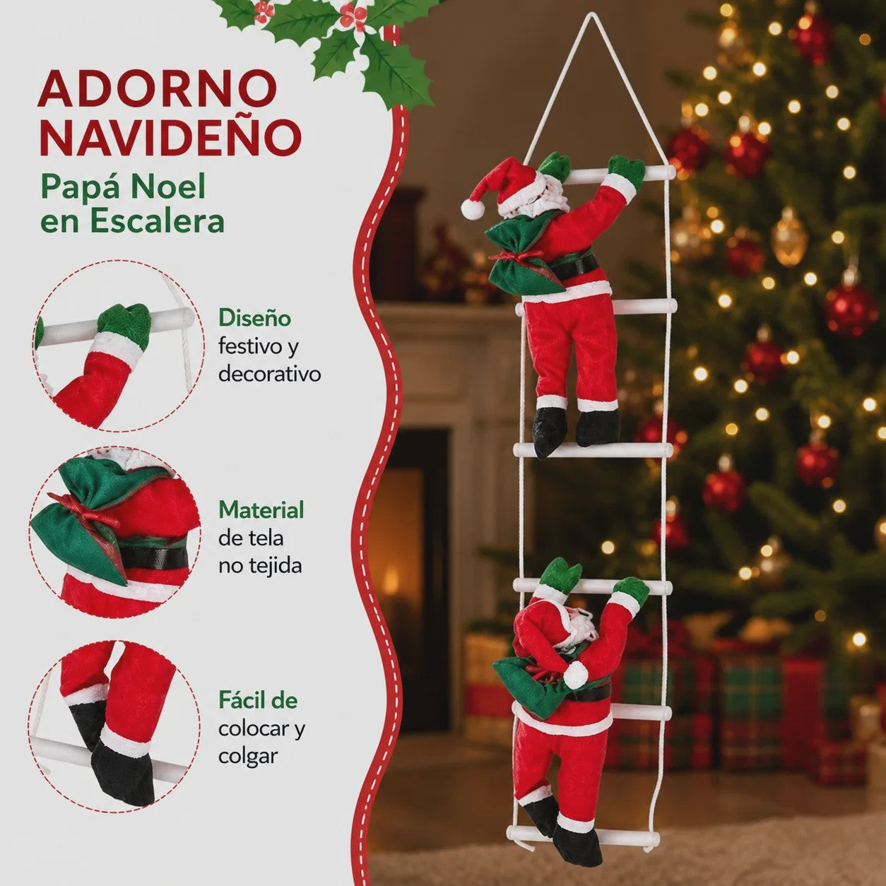 100cm Kerstman aan Ladder - Hangend Kerstdecoratie Ornament met Cadeauzak
