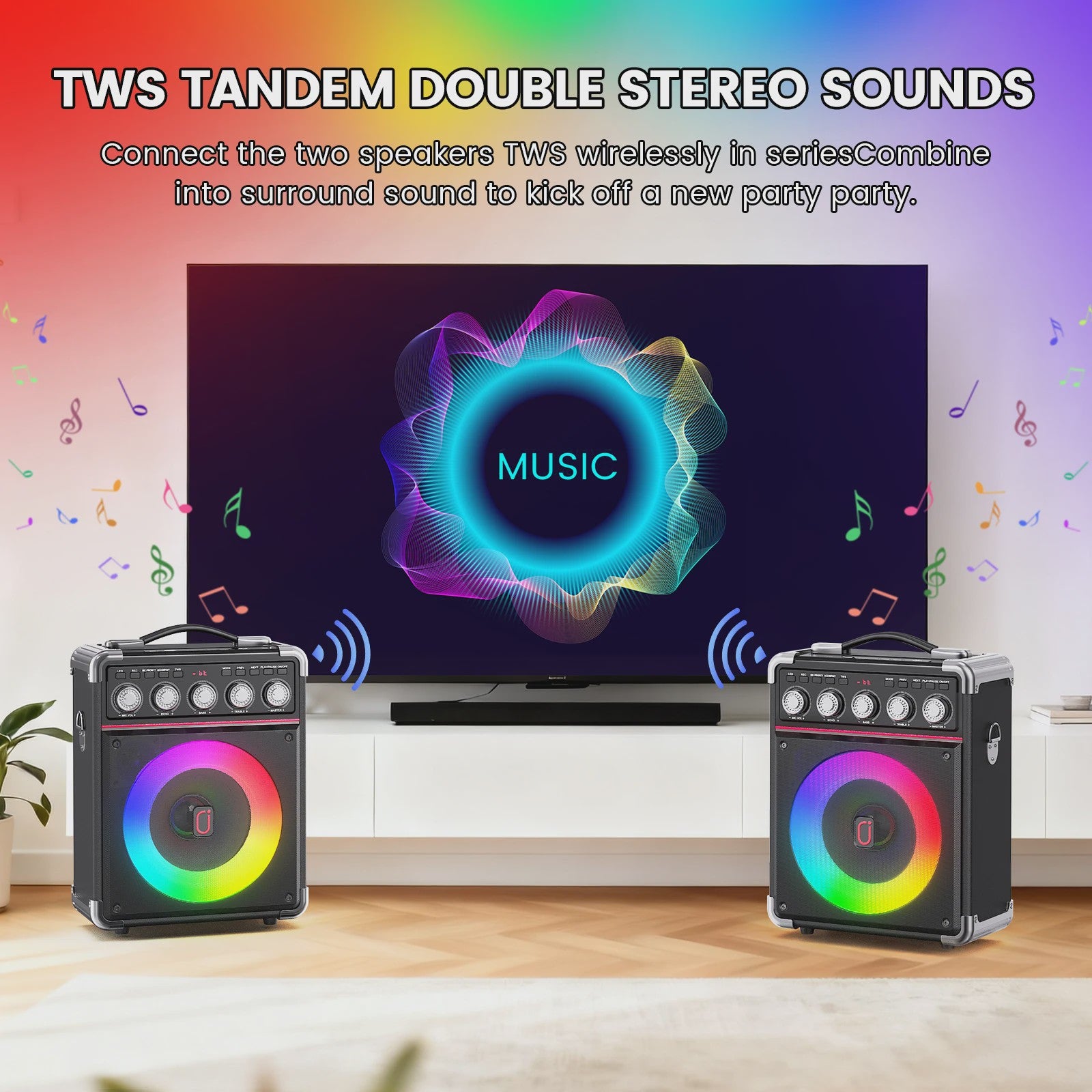 TX05 Karaoke Machine met 2 Draadloze Microfoons & RGB Licht