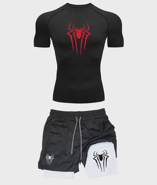 Heren Sport Set: Compressie T-shirt & Short met Spider Print