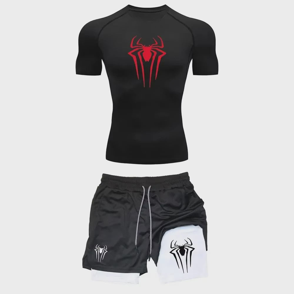 Heren Sport Set: Compressie T-shirt & Short met Spider Print