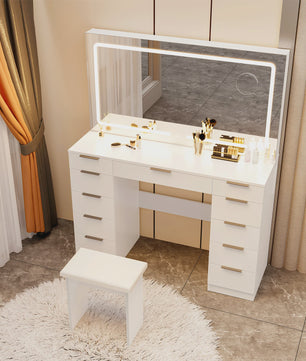 Luxe Kaptafel met LED Verlichting, 11 Lades en Ingebouwde Stopcontacten - Wit