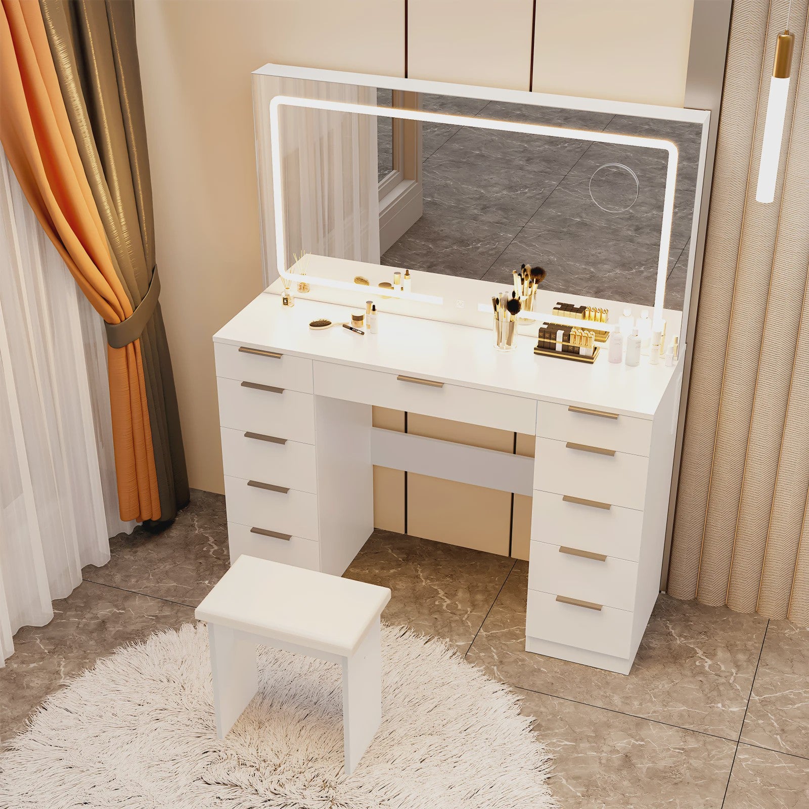 Luxe Kaptafel met LED Verlichting, 11 Lades en Ingebouwde Stopcontacten - Wit
