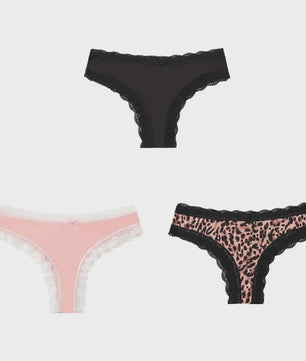 3-Pack Dames Slipjes met Kantrand - Low-Waist Thong & G-String in Luipaardprint en Effen Kleuren