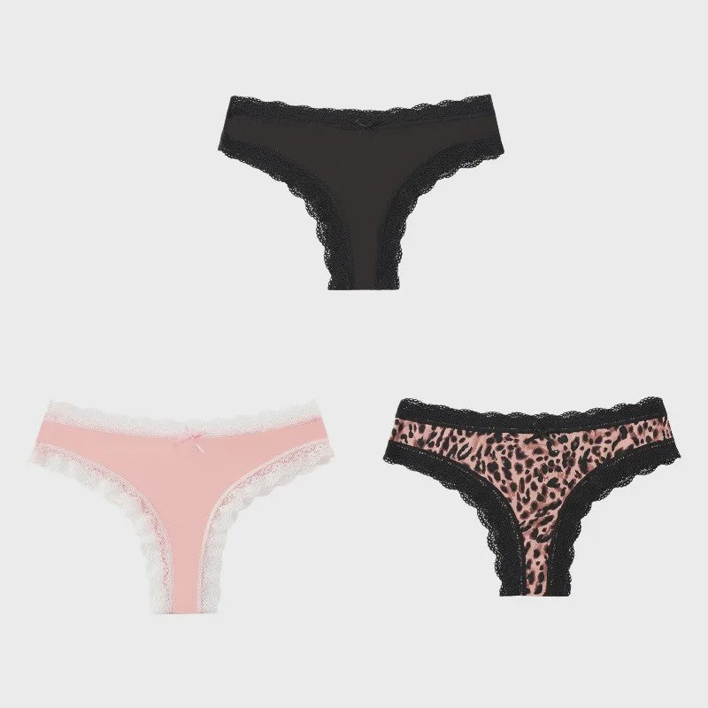 3-Pack Dames Slipjes met Kantrand - Low-Waist Thong & G-String in Luipaardprint en Effen Kleuren