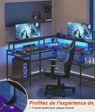 L-vormige Gaming Bureau 136x75cm met LED Verlichting en USB Poort - Ideaal voor Gamers en Werk