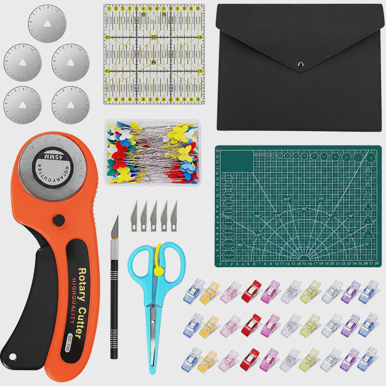 Complete Naaiset met Rolmes, Snijmat, Stoffenschaar, Clips, Spelden & Opbergtas - Professionele Quiltset voor DIY Knutselprojecten