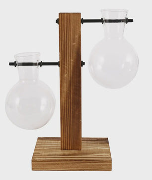 Glazen Vaas met Houten Standaard - Hydroponische Plantenbak voor Bureau & Tafel