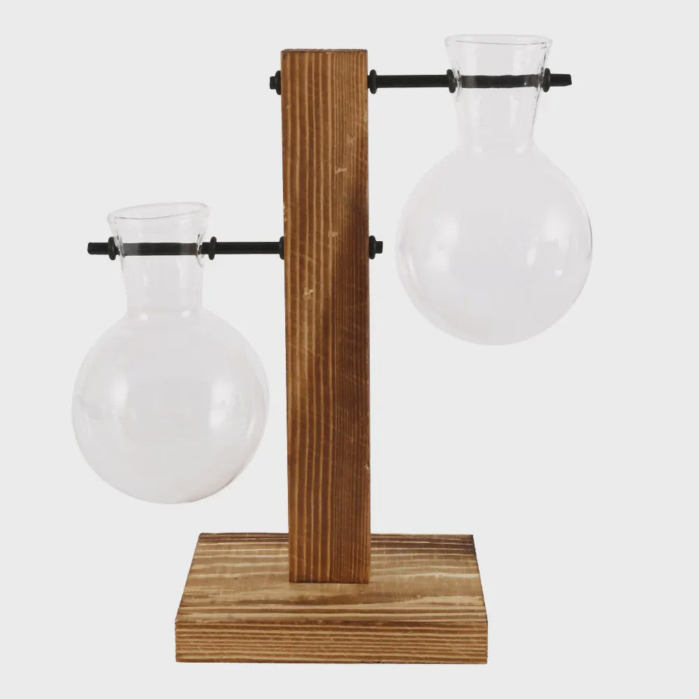 Glazen Vaas met Houten Standaard - Hydroponische Plantenbak voor Bureau & Tafel