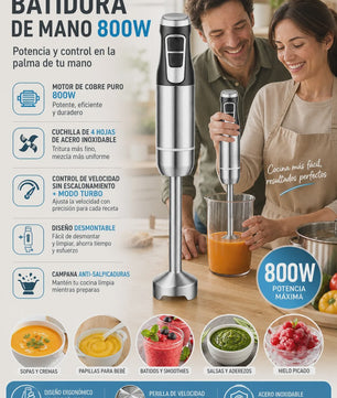 800W Staafmixer met Koperen Motor, 4-Blads Mes, Variabele Snelheid & Turbo