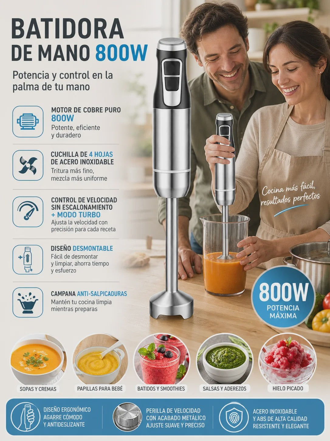 800W Staafmixer met Koperen Motor, 4-Blads Mes, Variabele Snelheid & Turbo
