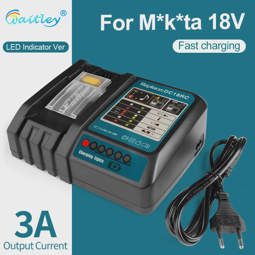 Waitley Snellader voor Makita 18V & 14.4V Accu's - Met Display, Koelventilator & EU Stekker